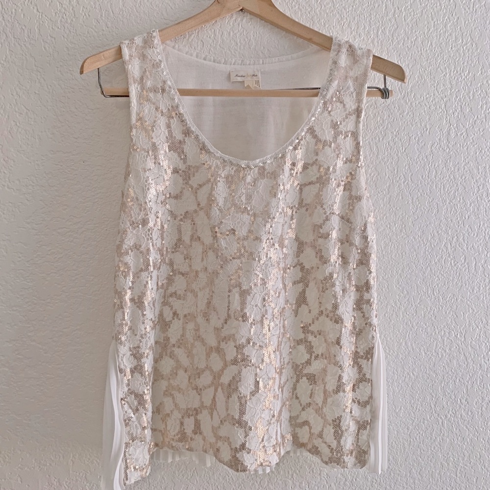 Anthropologie Meadow Rue Ivory Gold Sequin Pleated Blouse Top Tank - Medium